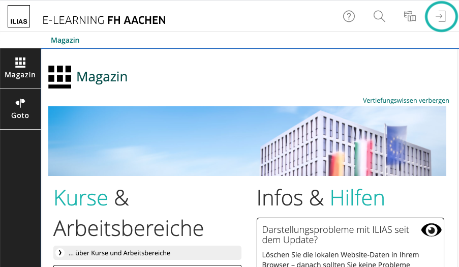 Screenshot ILIAS-Startseite "Magazin" – Logmit FH-Kennung über Navigation (oben rechts) 